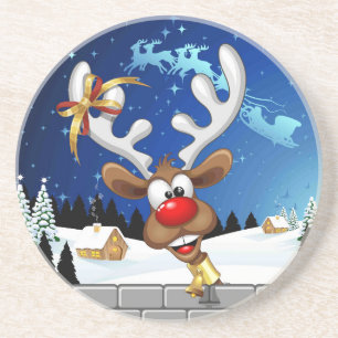 Funny Reindeer Peeking Christmas Meme Coaster