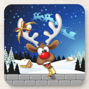 Funny Reindeer Peeking Christmas Meme  Coaster