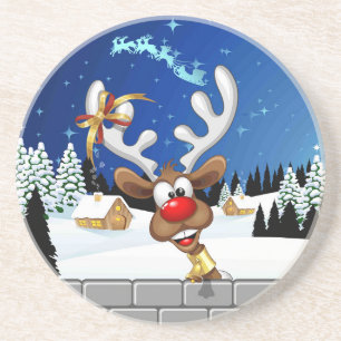 Funny Reindeer Peeking Christmas Meme Coaster