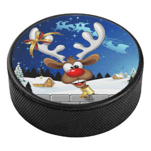 Funny Reindeer Peeking Christmas Meme Hockey Puck