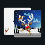Funny Reindeer Peeking Christmas Meme  Holiday Card<br><div class="desc">A Funny cartoon reindeer with a bright red nose and large white antlers, adorned with a red and gold bow, peeks through an open window. Outside, a snowy landscape with silhouetted pine trees and a small, glowing house is visible under a dark blue, star-filled night sky. Santa's sleigh pulled by...</div>