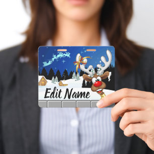 Funny Reindeer Peeking Christmas Meme ID Badge