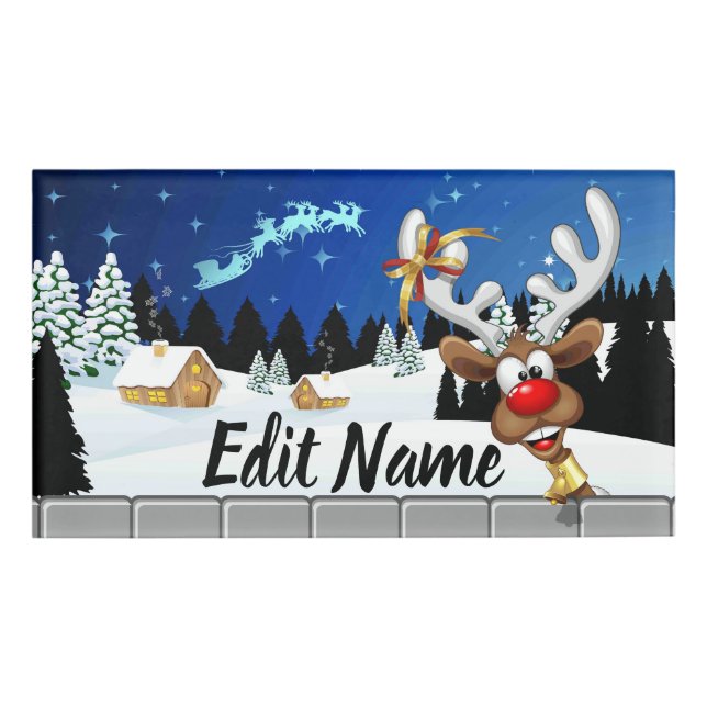 Funny Reindeer Peeking Christmas Meme  Name Tag (Front)