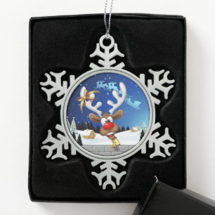 Funny Reindeer Peeking Christmas Meme Snowflake Pewter Christmas Ornament