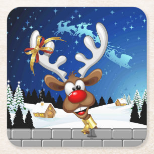 Funny Reindeer Peeking Christmas Meme Square Paper Coaster