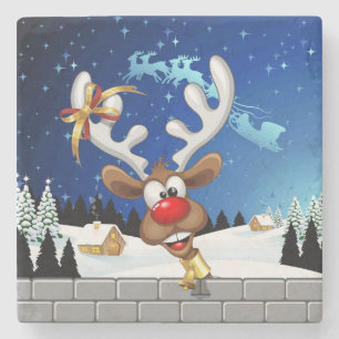 Funny Reindeer Peeking Christmas Meme Stone Coaster