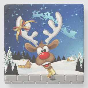 Funny Reindeer Peeking Christmas Meme Stone Coaster