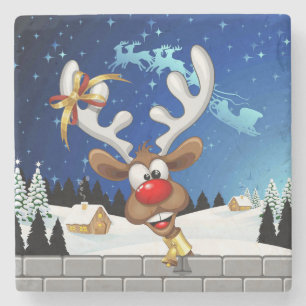 Funny Reindeer Peeking Christmas Meme  Stone Coaster