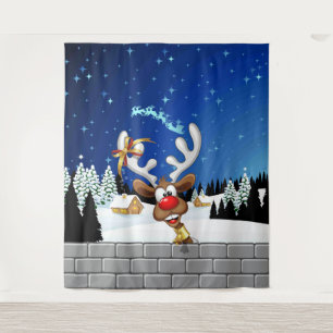 Funny Reindeer Peeking Christmas Meme  Tapestry
