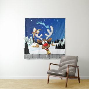 Funny Reindeer Peeking Christmas Meme  Tapestry