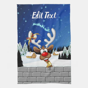 Funny Reindeer Peeking Christmas Meme  Tea Towel