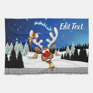 Funny Reindeer Peeking Christmas Meme  Tea Towel