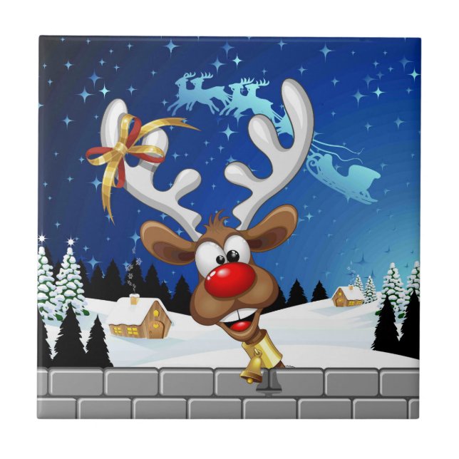 Funny Reindeer Peeking Christmas Meme  Tile (Front)