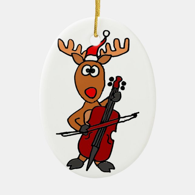 Funny Reindeer Playing Cello Christmas Ceramic Tree Decoration (Front)