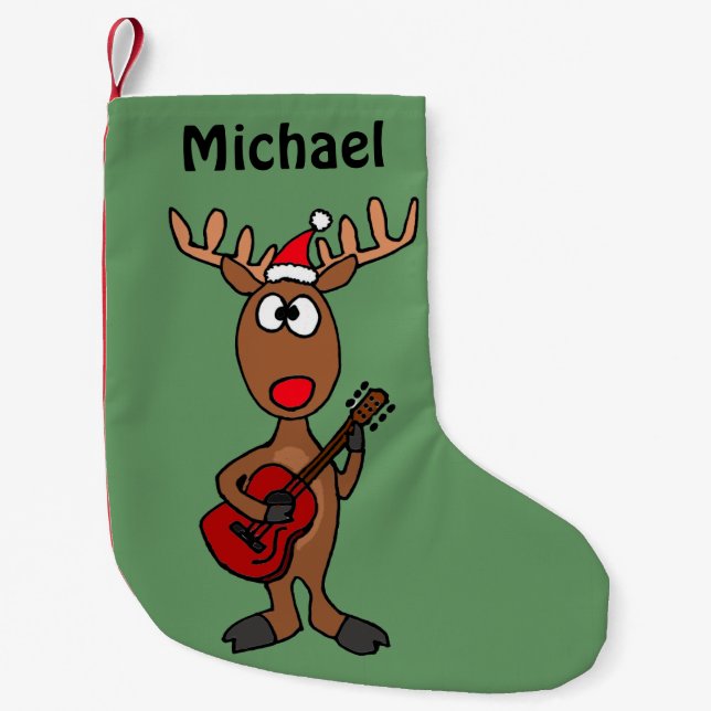Funny Reindeer Playing Guitar Small Christmas Stocking (Front)