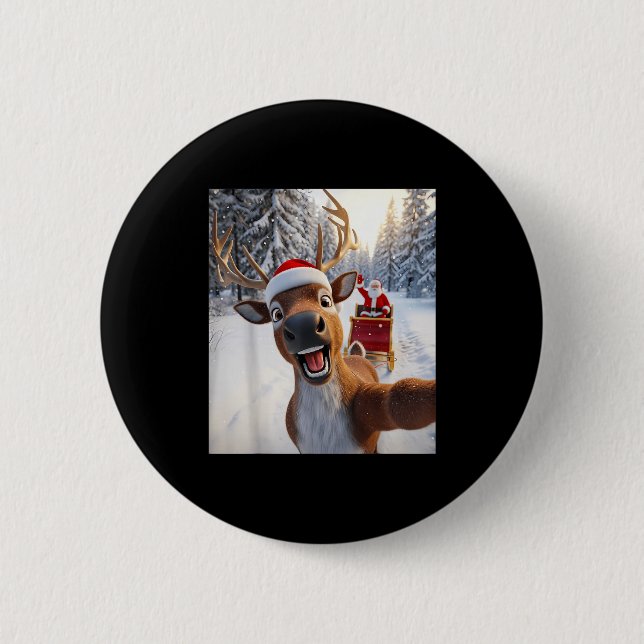 Funny Reindeer Selfie Santa Merry Christmas Men Wo 6 Cm Round Badge (Front)