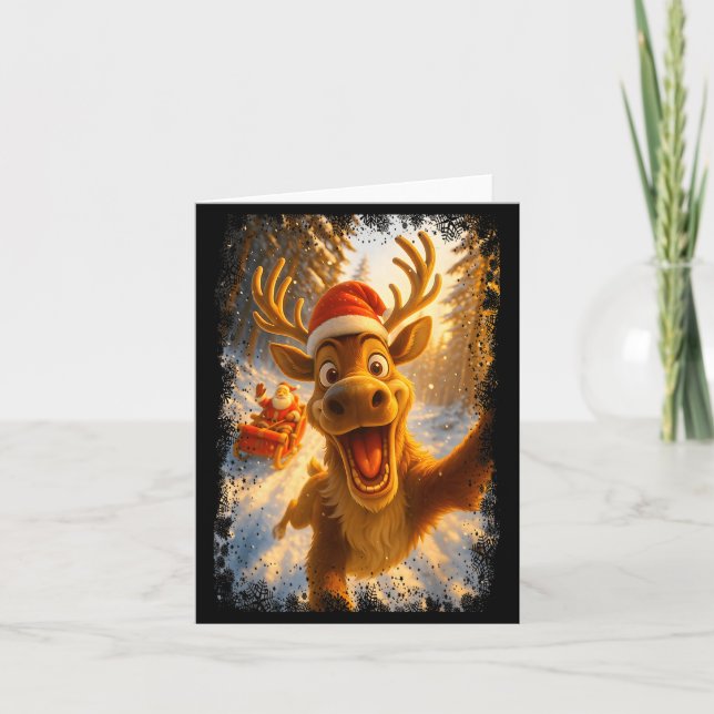 Funny Reindeer Selfie Santa Merry Christmas Men Wo Card (Front)
