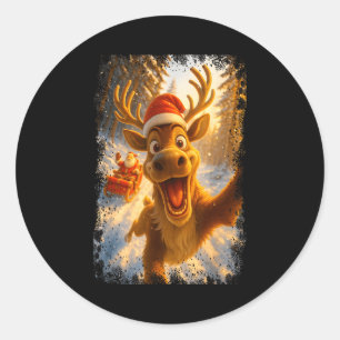 Funny Reindeer Selfie Santa Merry Christmas Men Wo Classic Round Sticker