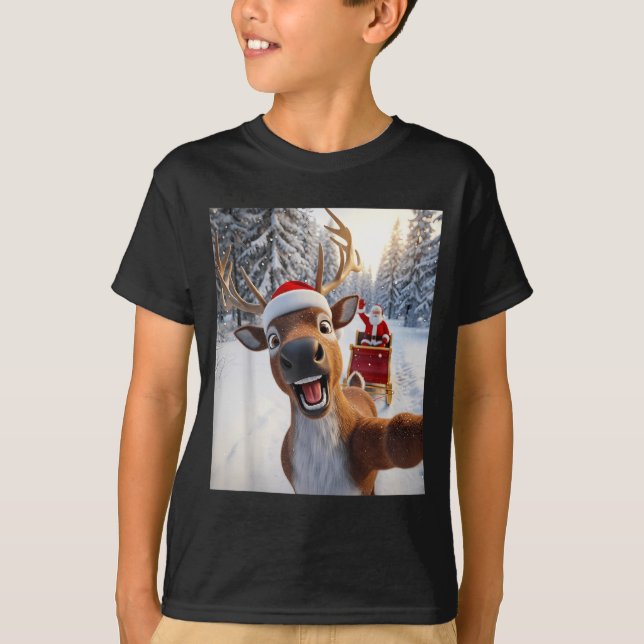 Funny Reindeer Selfie Santa Merry Christmas Men Wo T-Shirt (Front)