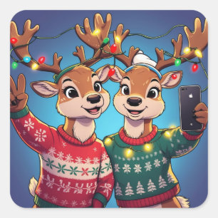 Funny Reindeer Selfie with Christmas Sweaters and  Square Sticker
