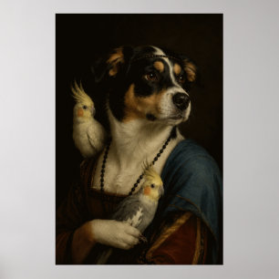 Funny Renaissance Dog and Cockatiels Painting Post Poster