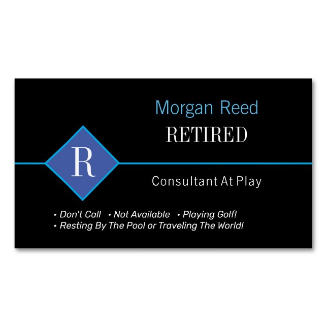 Funny Retired, Black & Blue, DIY Gag Magnetic Business Card (Front)