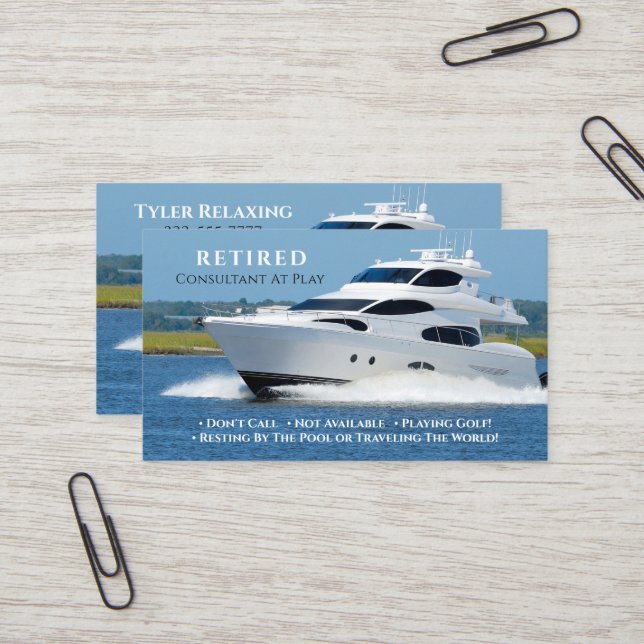 Funny Retired DIY Profession White Yacht Gag Business Card (Front/Back In Situ)