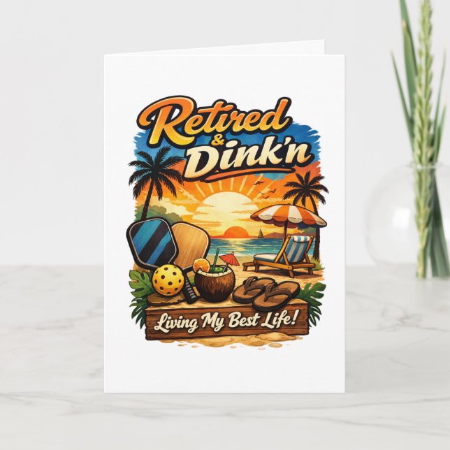 Funny Retired & Drinkin’ Beach Sunset Retirement Card (Front)