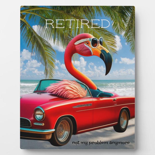 Funny Retired Flamingo in Convertible on Beach Plaque (Front)