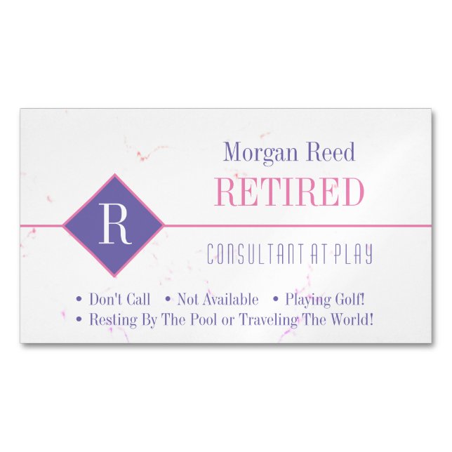 Funny Retired, Pink Marble, DIY Pink & Purple Gag Magnetic Business Card (Front)