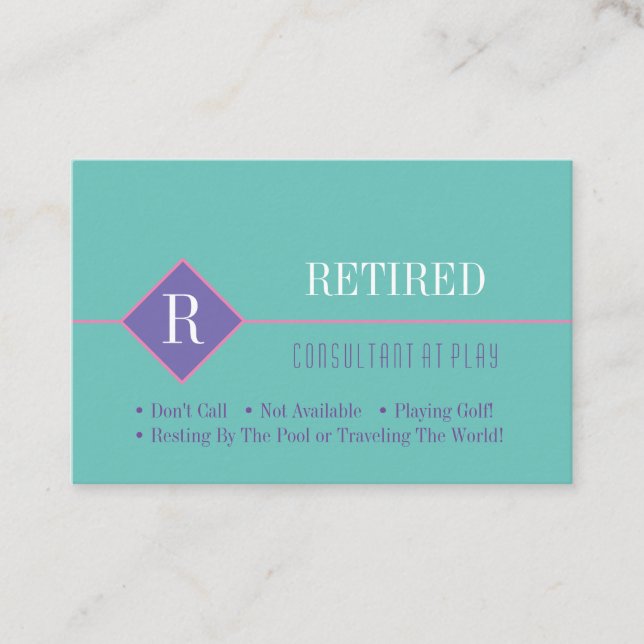 Funny Retired, Teal & Purple, DIY Gag Business Card (Front)