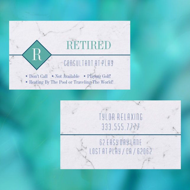 Funny Retired, White Marble, DIY Blue Teal Gag Business Card (Creator Uploaded)