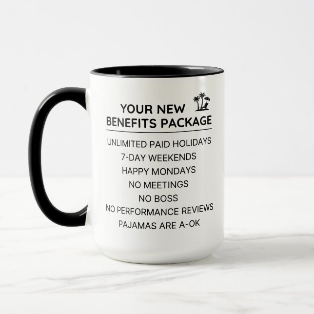 Funny Retirement Gift Custom, New Benefits Package Mug (Left)