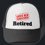 Funny retirement under new management red stamp trucker hat<br><div class="desc">Funny retirement under new management red stamp Trucker Hat . Humourous quote for retired people. Cool gift for retiring dad,  brother,  uncle,  husband,  grandpa,  coworker,  colleague,  boss,  friend,  employee  etc. Vintage rubber stamp design.</div>