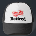 Funny retirement under new management red stamp trucker hat<br><div class="desc">Funny retirement under new management red stamp Trucker Hat . Humourous quote for retired people. Cool gift for retiring dad,  brother,  uncle,  husband,  grandpa,  coworker,  colleague,  boss,  friend,  employee  etc. Vintage rubber stamp design.</div>