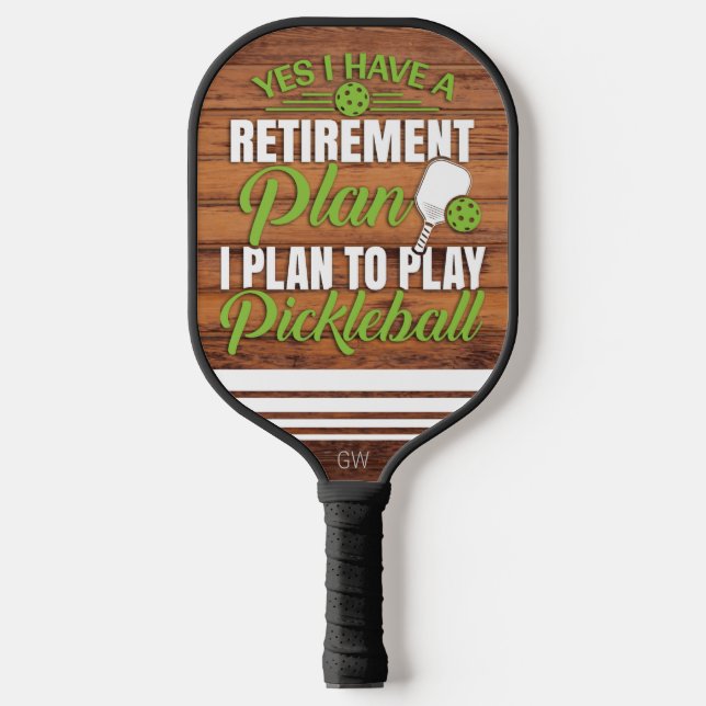 Funny Retirement Wood and Green Monogram Pickleball Paddle (Front)