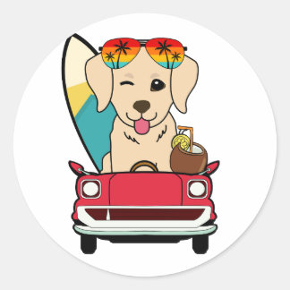 Funny Retriever Dog is driving to the beach Classic Round Sticker