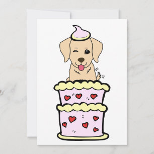 Funny retriever dog jumping out of a cake holiday card