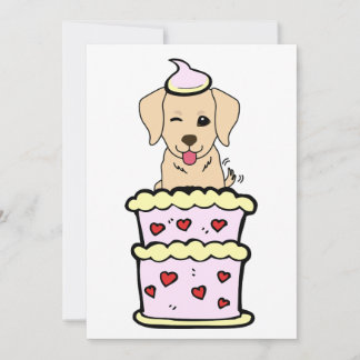 Funny retriever dog jumping out of a cake holiday card
