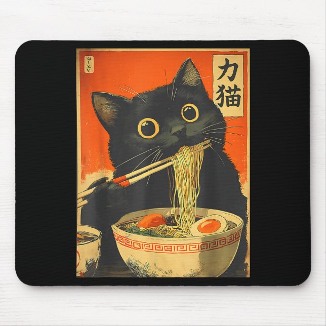 Funny Retro Anime Cat Ramen Japanese Cat Graphic A Mouse Pad (Front)