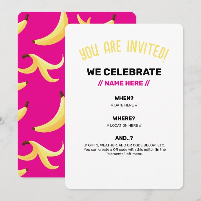 Funny Retro Banana Party Favours Puns Editable Invitation (Front/Back)