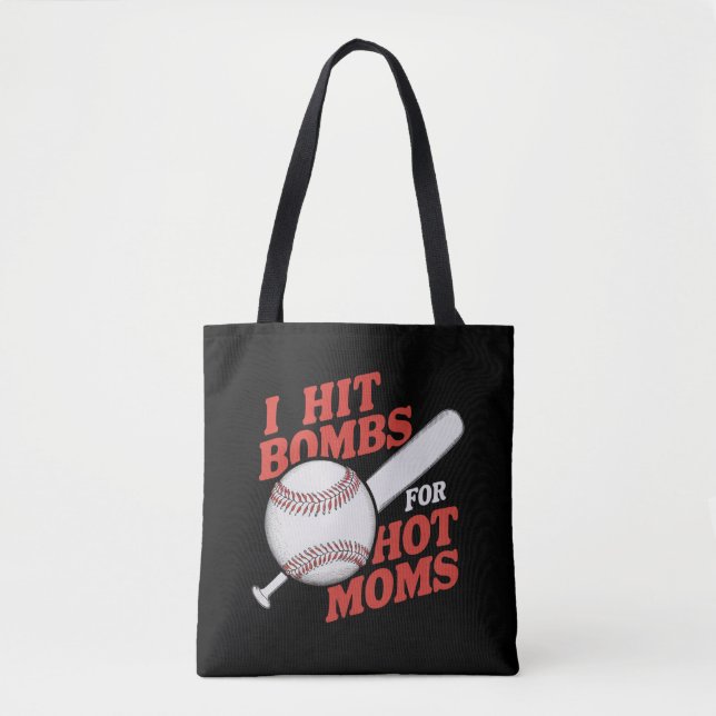 Funny Retro Baseball I Hit Bombs For Hot Moms Tote Bag (Front)
