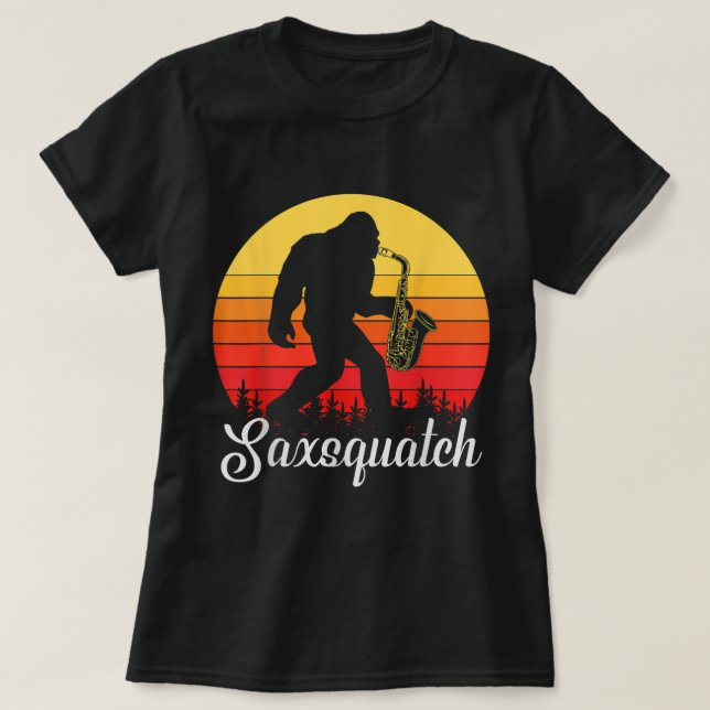 Funny Retro Bigfoot Silhouette Sun Saxophone Bigfo T-Shirt (Design Front)