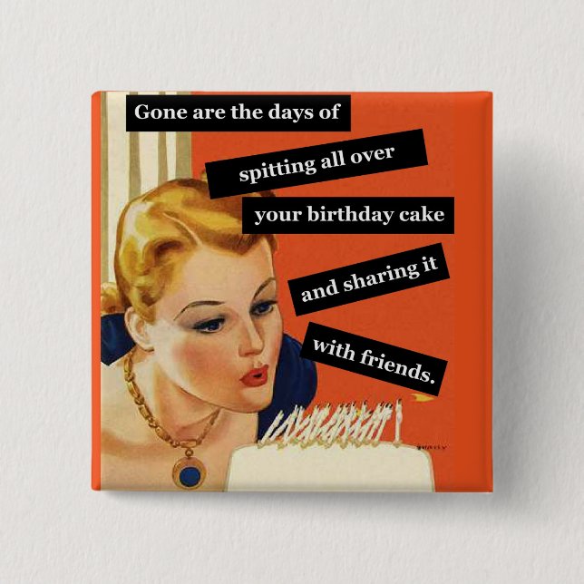 Funny Retro Birthday Card Blowing Out Candles 15 Cm Square Badge (Front)