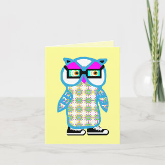 Funny Retro Blue Hipster Owl Blank Greeting Card