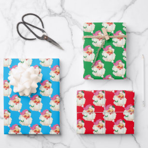 Funny Retro Blue Red Santa Claus Face Christmas Wrapping Paper Sheet