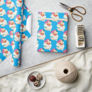 Funny Retro Blue Santa Claus Face Christmas Wrapping Paper