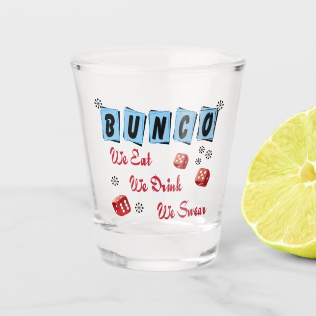Funny Retro Bunco Drinking Party Shot Glass (Front)