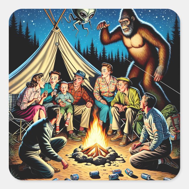 Funny Retro Campfire Stories | Bigfoot Square Sticker (Front)