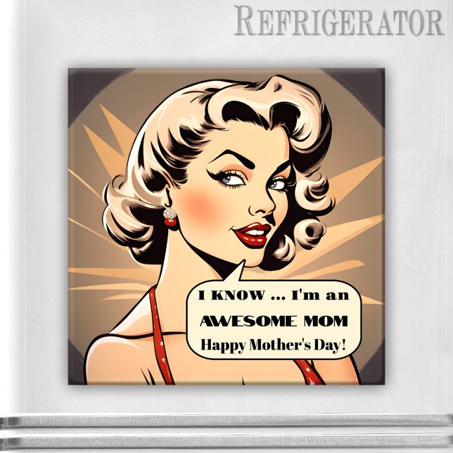 Funny Retro Cartoon Mother's Day Magnet (Magnet featuring a retro cartoon style illustration of a pretty woman with a cloud for funny texts)